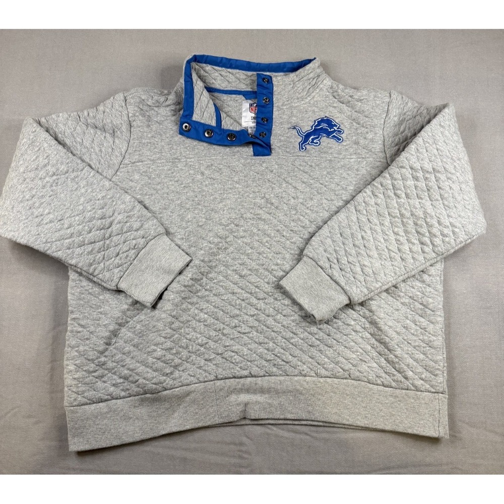Detroit Lions Pullover Women XXL Gray Quilted Snap Neck Sweatshirt NFL